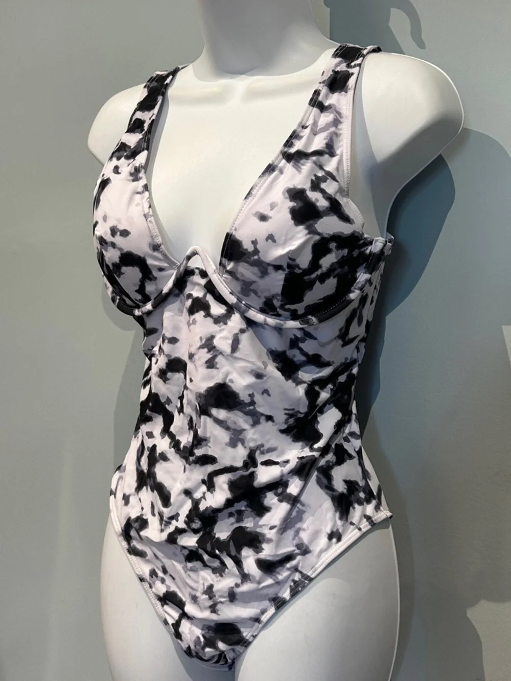 Black & White Marble Print One-Piece Swimsuit Medium NWOT